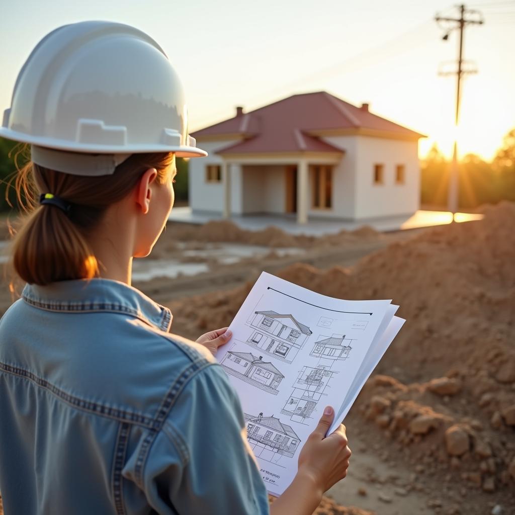 Một người đang nhìn vào bản vẽ thiết kế một ngôi nhà mới, phía sau là nền móng vững chắc vừa được xây dựng, tượng trưng cho sự tái sinh và khởi đầu mới sau giấc mơ nhà sập.