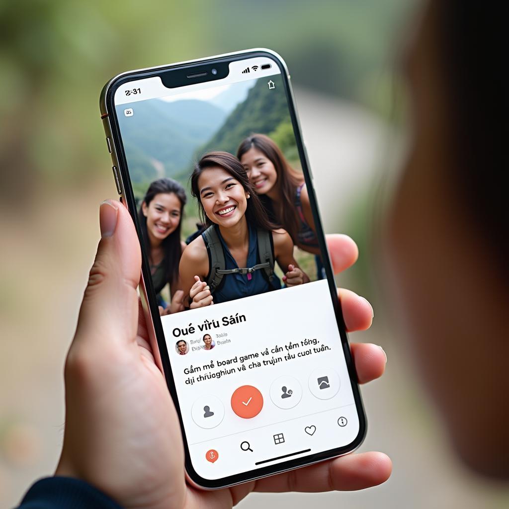 Màn hình điện thoại hiển thị một profile ứng dụng hẹn hò được tối ưu để kết bạn thuần khiết, nhấn mạnh sở thích.
