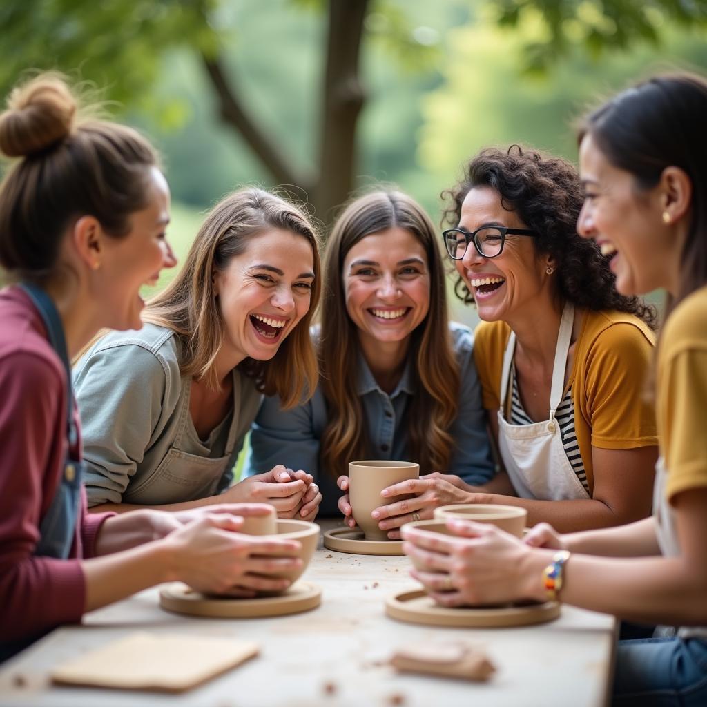 Nhóm bạn bè thân thiết thuộc nhiều độ tuổi đang cùng nhau tham gia một hoạt động ngoài trời, thể hiện sự gắn kết và xây dựng tình bạn bền lâu.