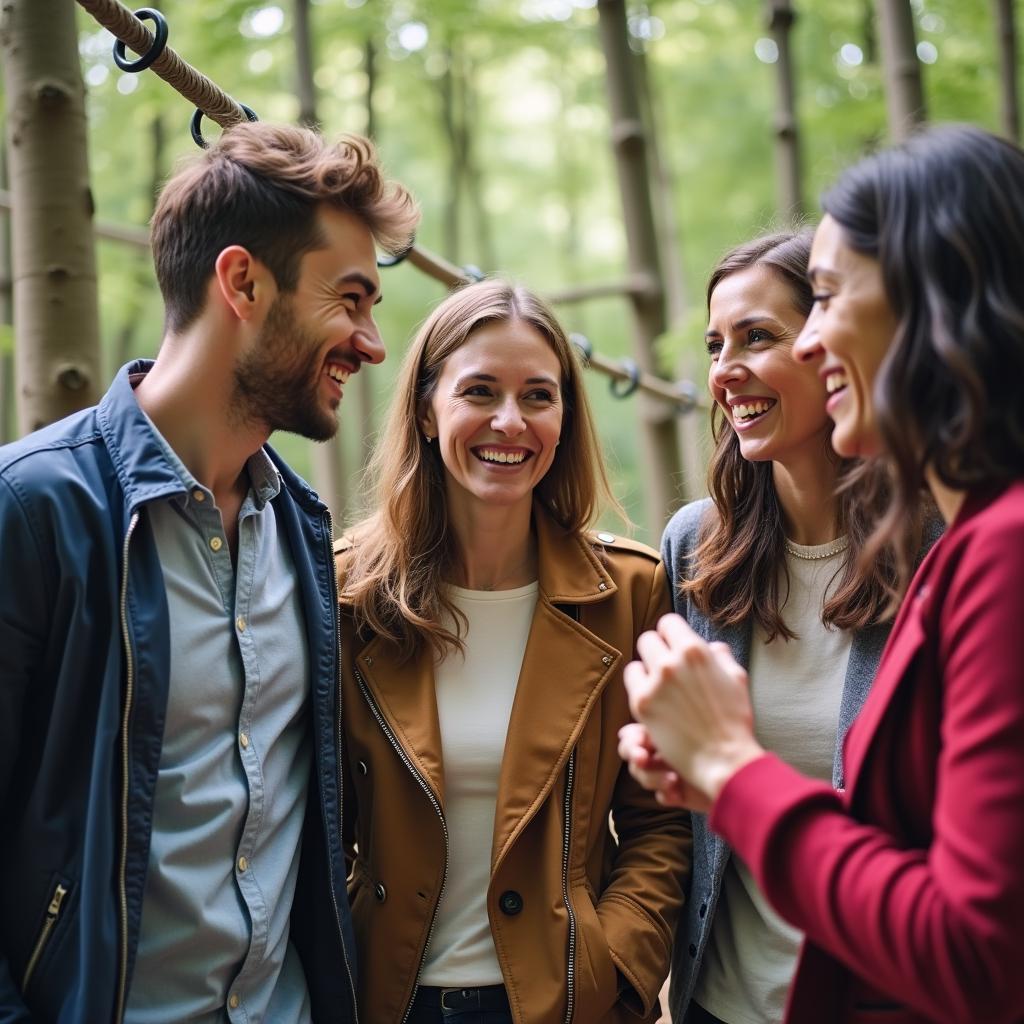 Một nhóm đồng nghiệp đa dạng đang cùng nhau tham gia hoạt động team building ngoài trời, thể hiện sự gắn kết và tinh thần đồng đội tích cực.