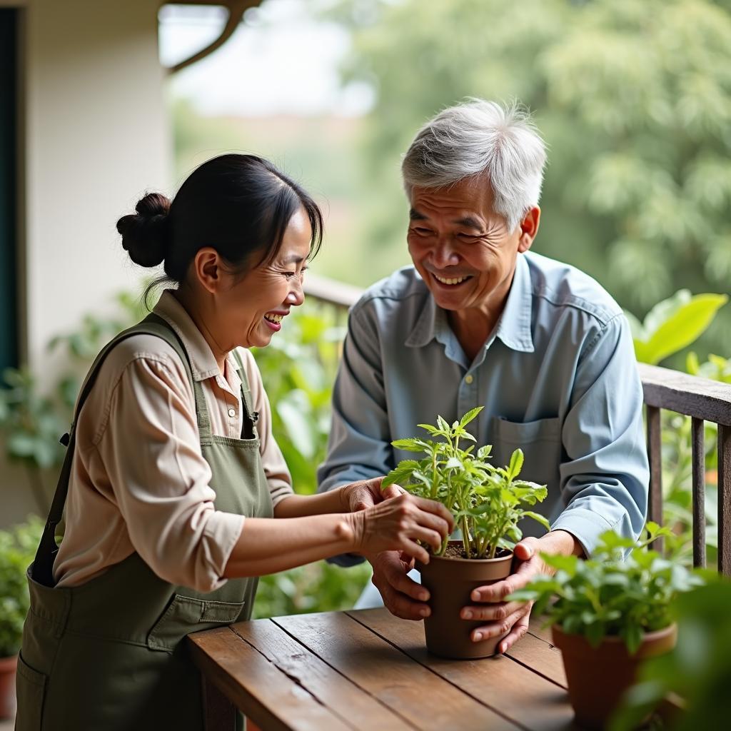 Xây dựng tình bạn khác thế hệ qua hoạt động chung, một cụ bà đang tươi cười hướng dẫn một chàng trai trẻ cách chăm sóc một chậu cây cảnh trên ban công.