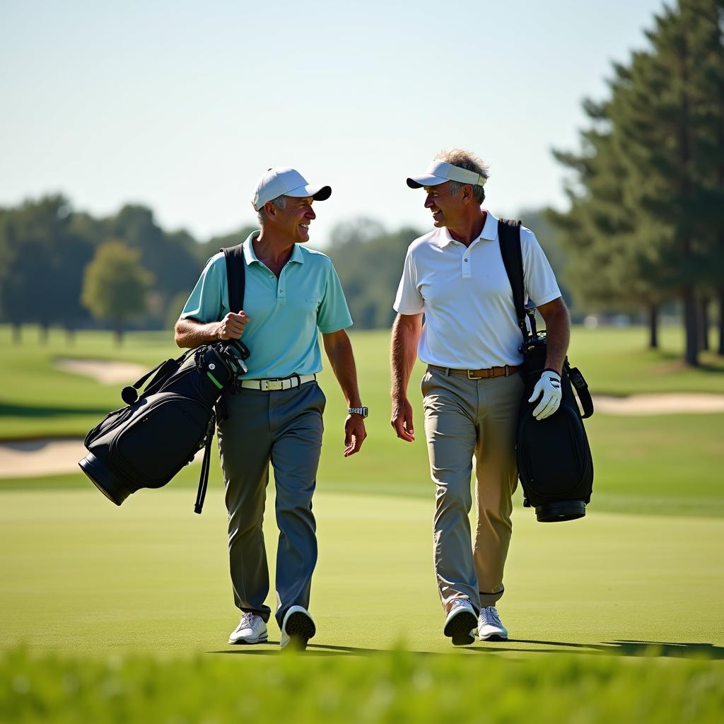 Hai người bạn đi bộ trò chuyện vui vẻ trên fairway, thể hiện tình bạn golf.