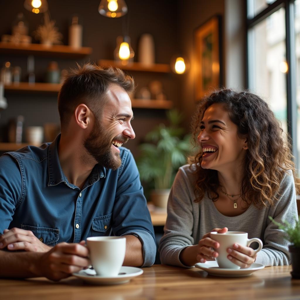 Hình ảnh hai người bạn đang trò chuyện vui vẻ bên một tách cà phê, biểu tượng cho việc xây dựng tình bạn lành mạnh và bền vững thông qua chia sẻ chân thành.