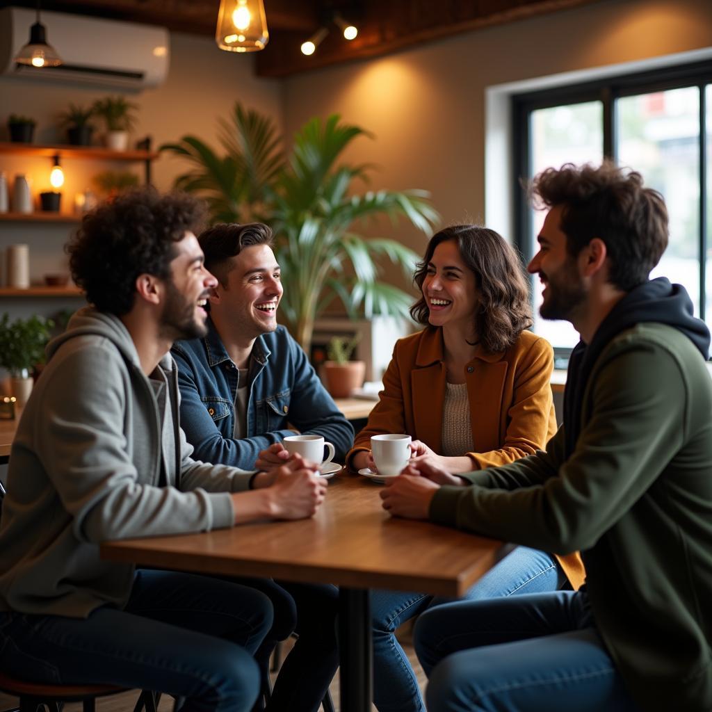 Một nhóm bạn LGBTQ+ và đồng minh thân thiết tạo nên vòng tròn an toàn, chia sẻ và ủng hộ nhau trong một quán cà phê.