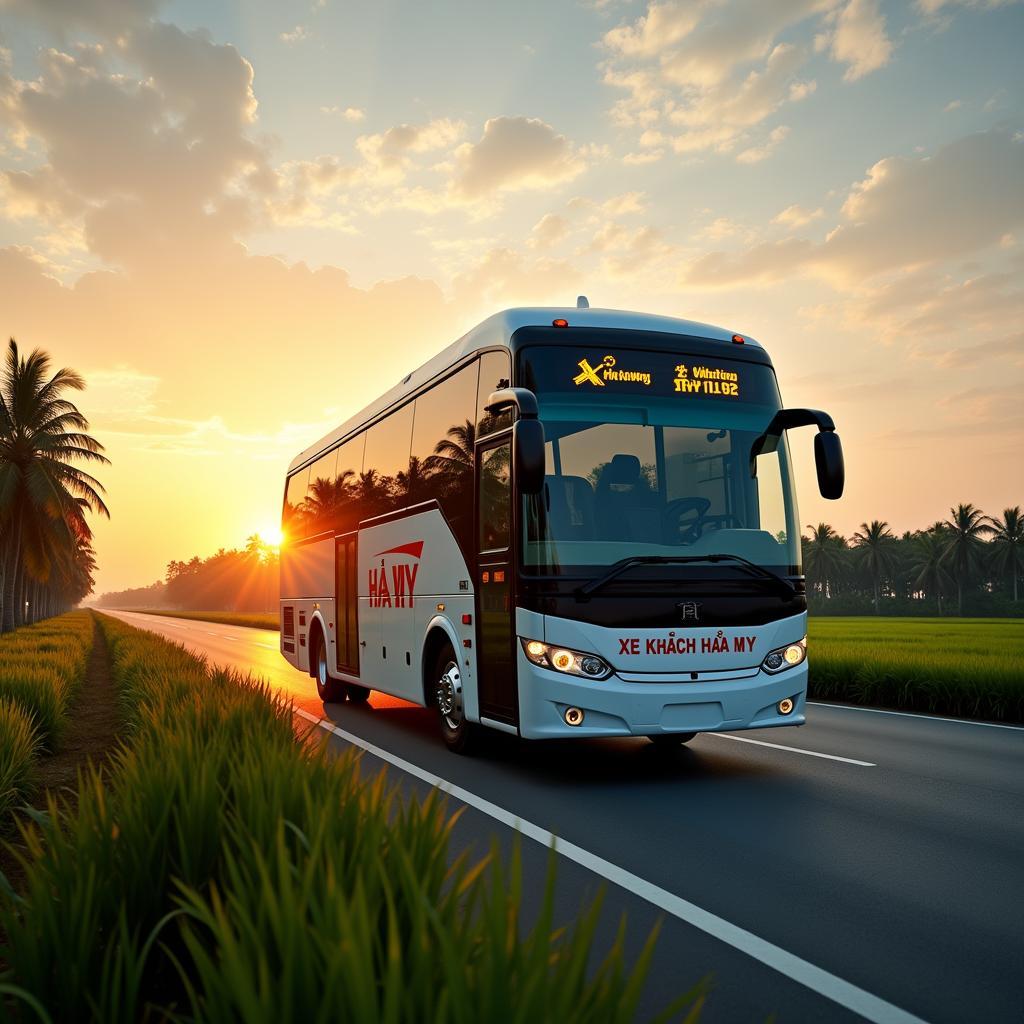 Hình ảnh xe khách giường nằm Hà My chất lượng cao đang di chuyển trên tuyến đường Bạc Liêu Sài Gòn.