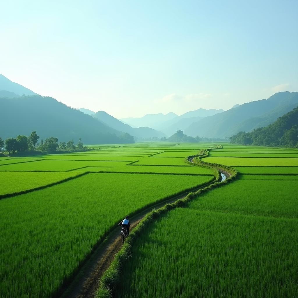 Cảnh quan nông thôn yên bình tại Xã Xuân Lập Tuyên Quang với cánh đồng xanh mướt.