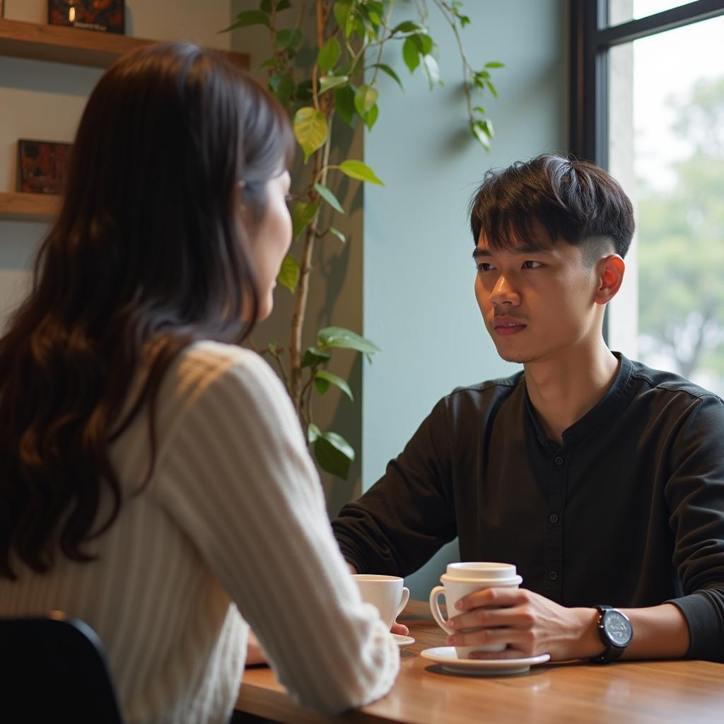 Một chàng trai và cô gái ngồi đối diện nhau tại quán cà phê, trò chuyện thẳng thắn và nhẹ nhàng để giải quyết hiểu lầm tình cảm.