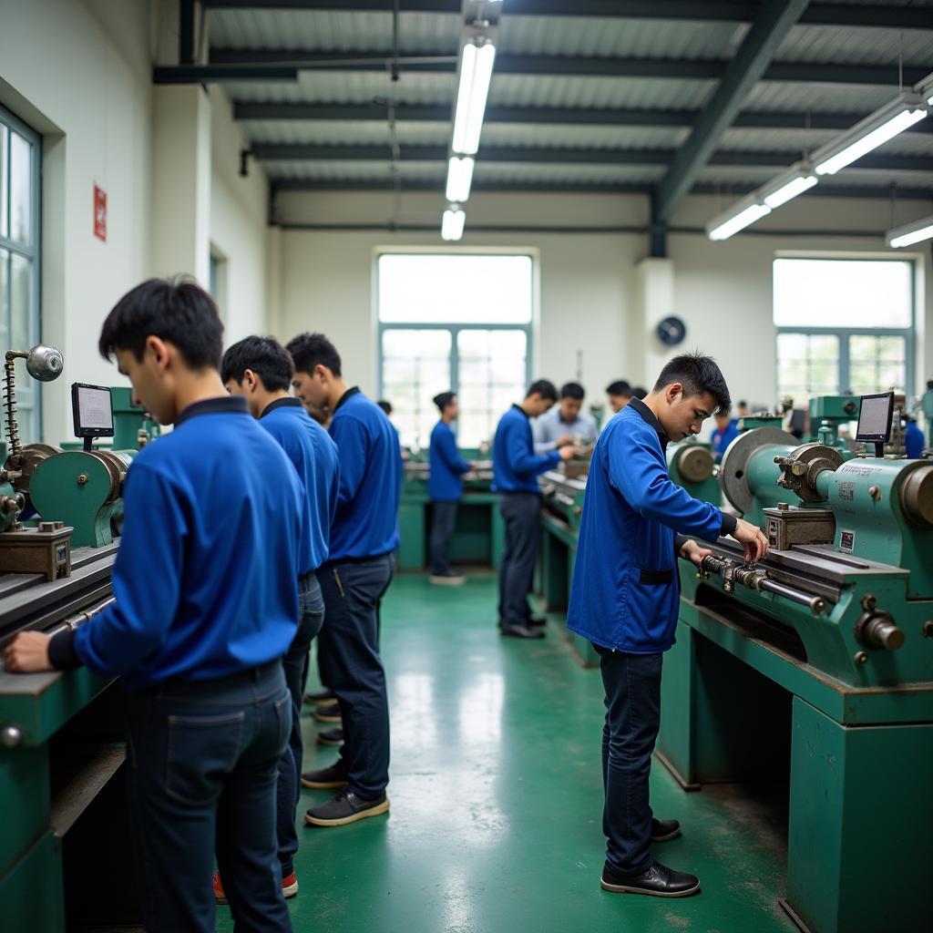 Xưởng thực hành cơ khí hiện đại bên trong Trường CĐ Nghề Công nghiệp Hà Nội, nơi sinh viên rèn luyện tay nghề thực tế