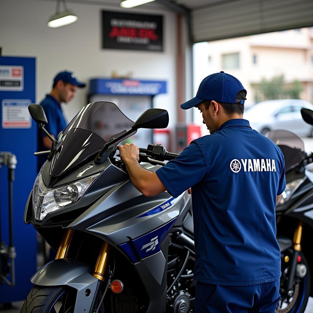 Kỹ thuật viên đại lý Yamaha thực hiện bảo dưỡng xe máy chuyên nghiệp tại khu vực dịch vụ 3S.