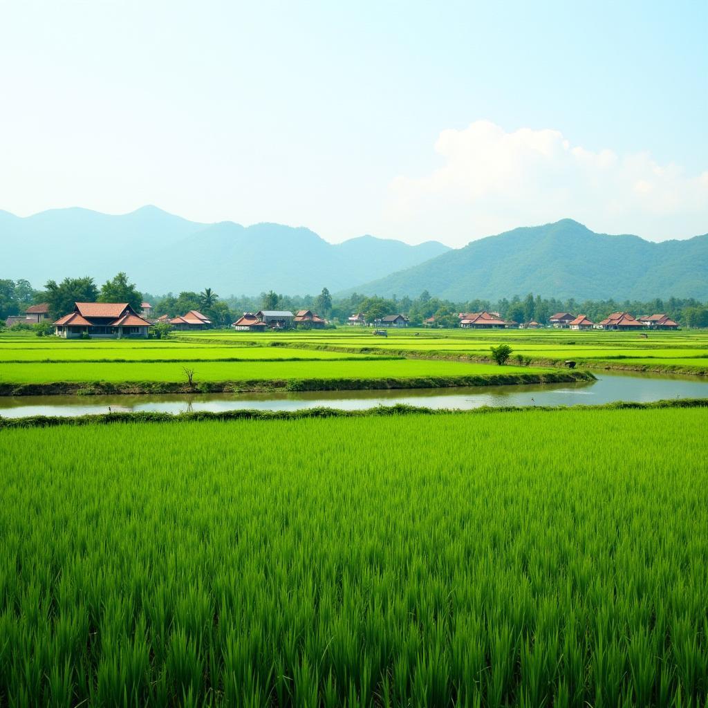 Cánh đồng lúa xanh mướt và nhà sàn truyền thống tại Xã Yên Lập Tuyên Quang, mang vẻ đẹp yên bình đặc trưng của vùng quê