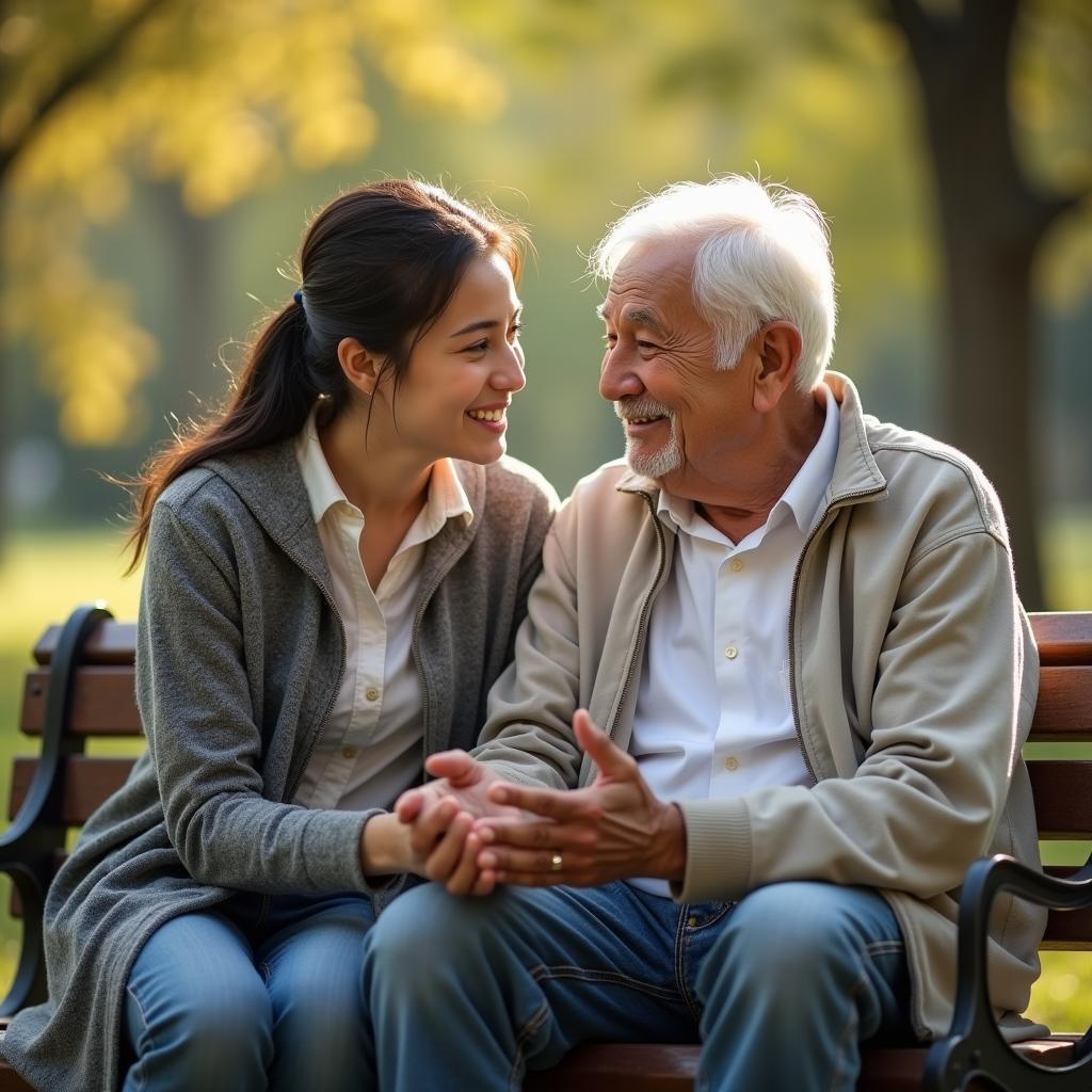 Một bạn trẻ đang kiên nhẫn lắng nghe câu chuyện từ người bạn lớn tuổi, thể hiện sự thấu hiểu và đáp ứng yêu cầu khi kết bạn với người già.