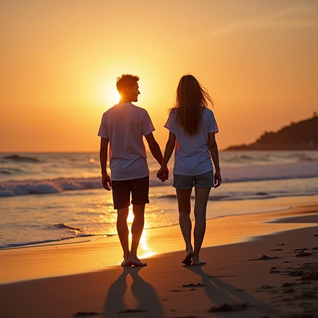 Cặp đôi nắm tay nhau trên bãi biển vào hoàng hôn, thể hiện sự thân mật và gắn kết