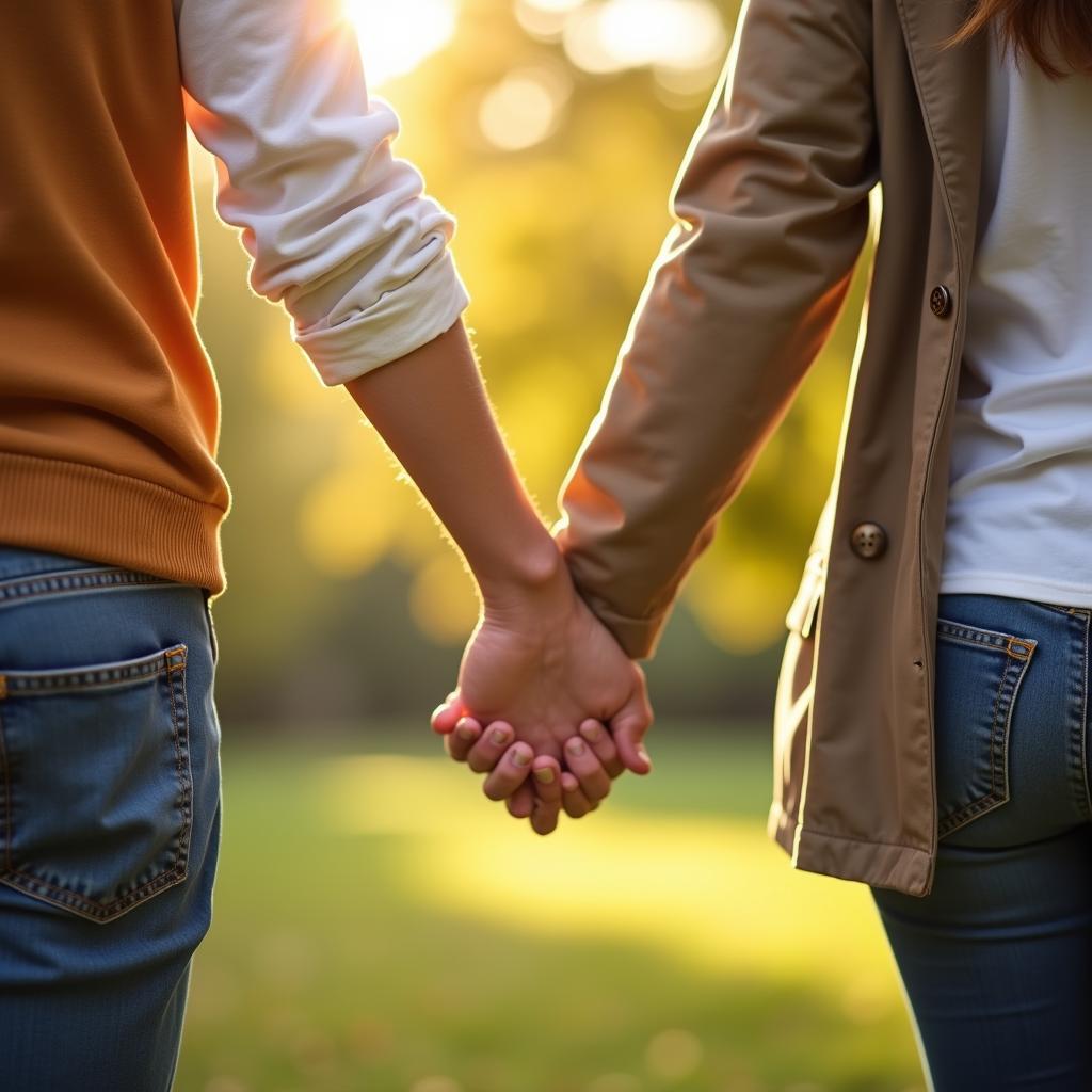 Cặp đôi tay trong tay hạnh phúc thể hiện sự yêu thương và gắn kết bền chặt trong tình yêu lành mạnh.