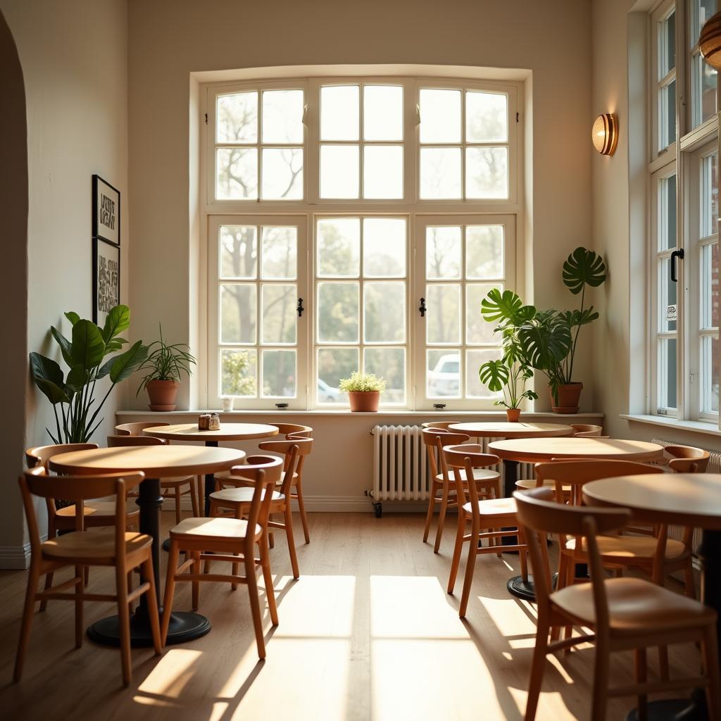Không gian cafe sóng sánh với ánh nắng dịu nhẹ và nội thất gỗ