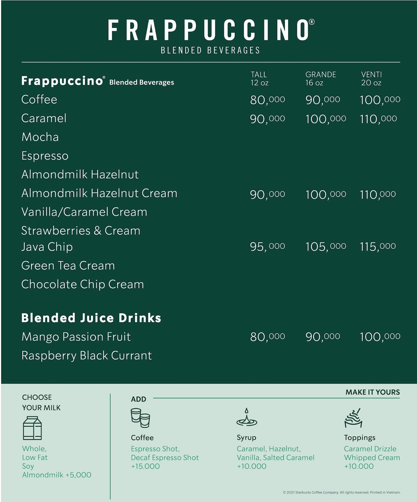 Menu của Starbucks