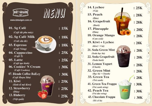 menu quan cafe binh dan
