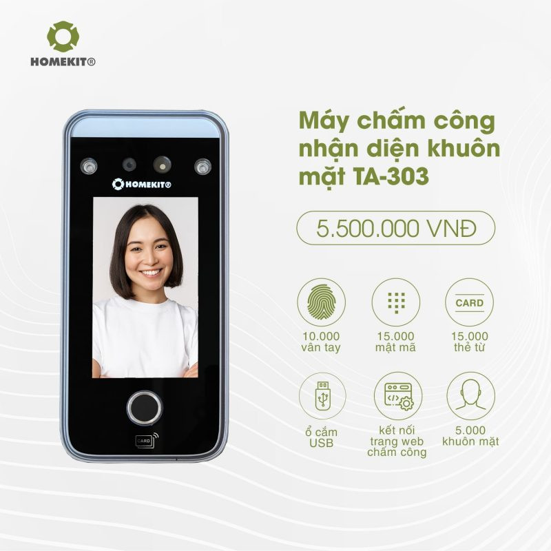 Máy chấm công nhận diện khuôn mặt HomeKit TA-303 với các phương thức xác thực