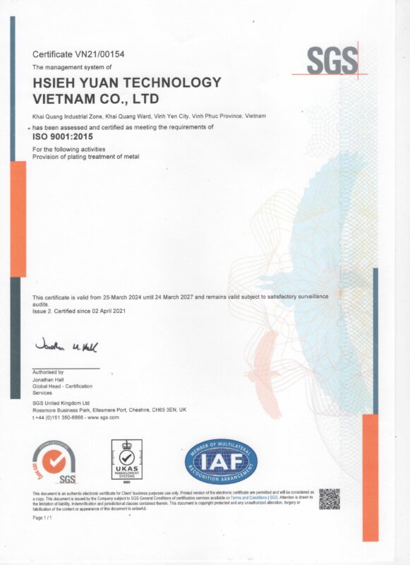 Chứng nhận ISO 9001:2015 (trang 1) của công ty tnhh công nghệ hsieh yuan việt nam