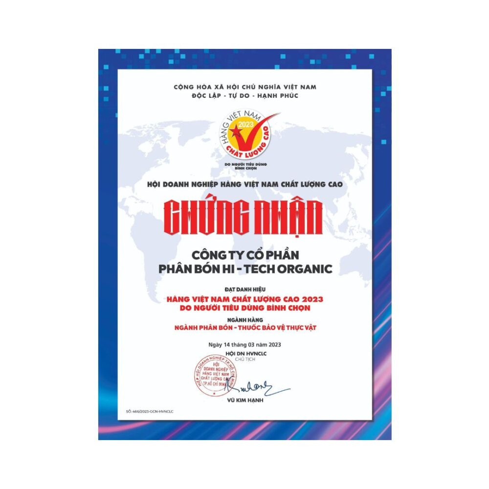 Chứng nhận Hàng Việt Nam Chất Lượng Cao của Phân bón hữu cơ Hi-tech Organic, thành viên Đức Thành Group