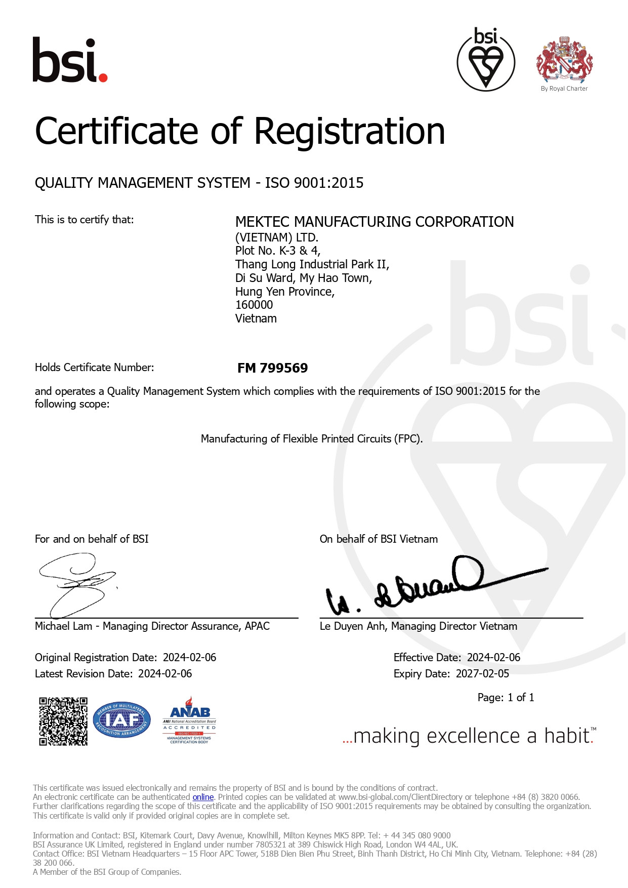 Chứng nhận ISO 9001 của Mektec Manufacturing Việt Nam cho hệ thống quản lý chất lượng