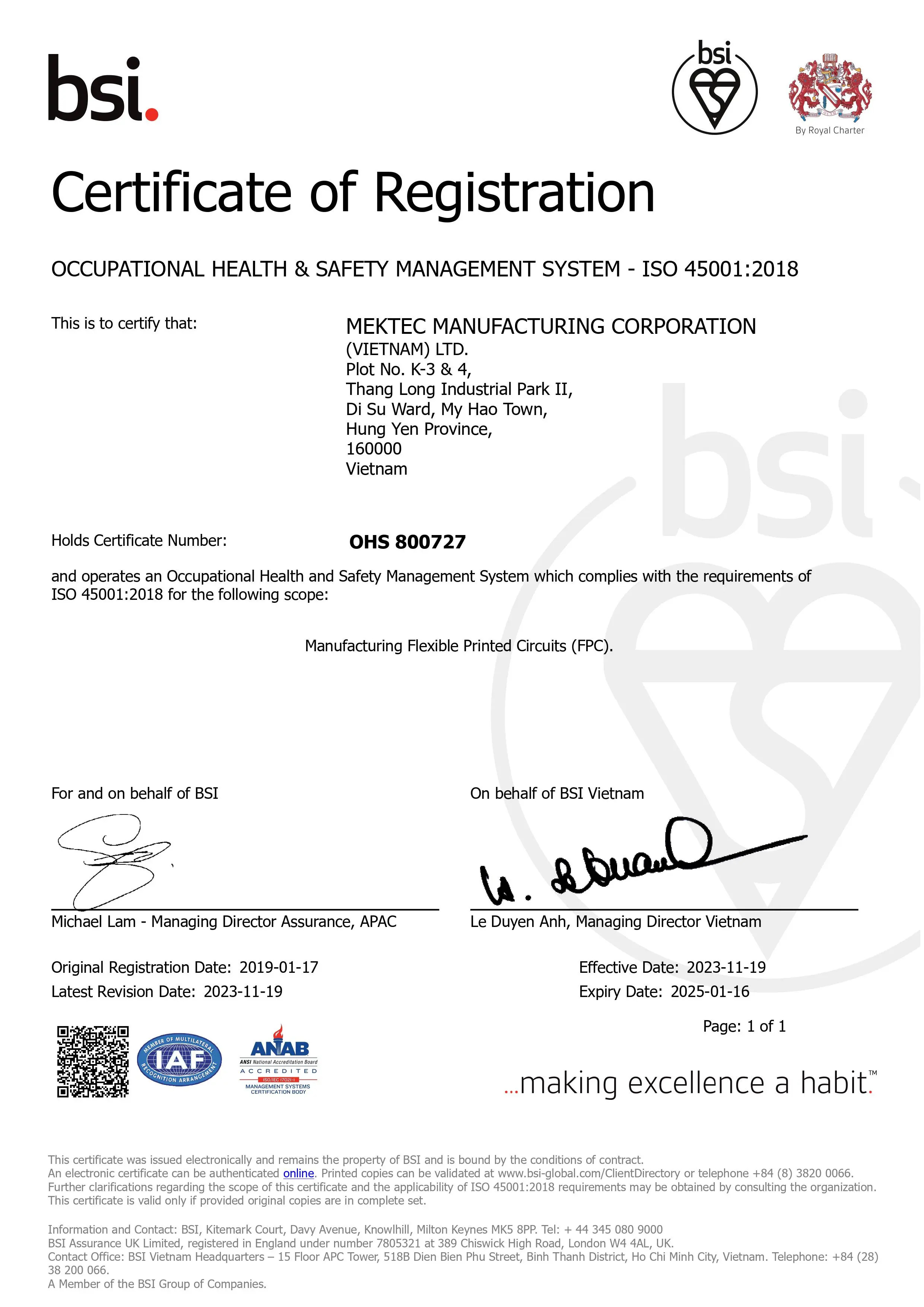 Chứng nhận ISO 45001 của Mektec Manufacturing Việt Nam cho hệ thống quản lý an toàn và sức khỏe nghề nghiệp