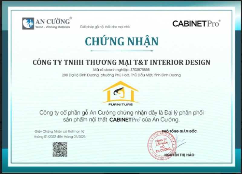 CÔNG TY TNHH THIẾT KẾ T&amp;T nhận chứng nhận là Đại lý phân phối CABINETPro của An Cường