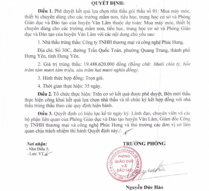 Gói thầu hơn 19 tỷ đồng của Công ty TNHH Thương mại và Công nghệ Phúc Hưng tại Hưng Yên