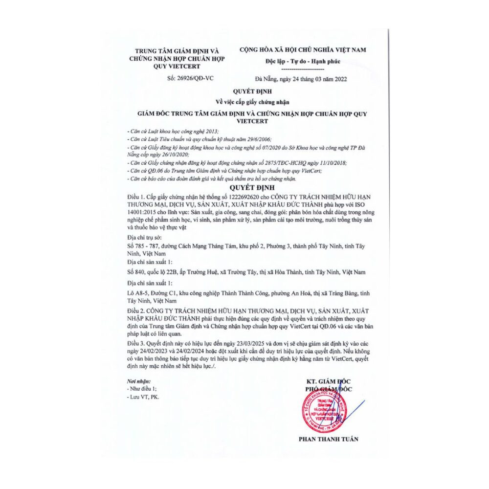 Các chứng nhận uy tín khác của Đức Thành Group trong ngành nông nghiệp