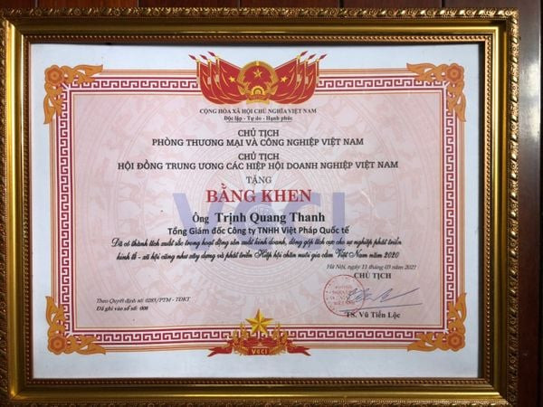 Bằng khen của Hội Thương mại &amp; Công nghiệp Việt Nam cho Công ty TNHH Việt Pháp Quốc Tế