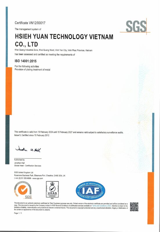 Chứng nhận ISO 14001:2015 của công ty tnhh công nghệ hsieh yuan việt nam