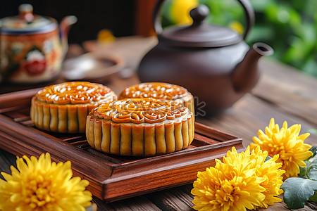 Bánh Trung Thu và ấm trà hoa cúc cận cảnh trên đĩa gỗ, thể hiện nét văn hóa thưởng trà truyền thống trong bối cảnh vườn hoa cúc