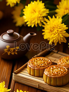 Bánh Trung Thu và trà hoa cúc trên bàn gỗ, biểu tượng của sự tinh tế và thưởng thức trong vườn hoa cúc