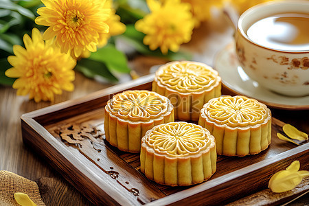 Bánh Trung Thu và trà hoa cúc trên bàn, gợi lên không khí giao lưu và thưởng thức trong vườn hoa cúc