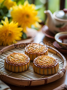 Bánh Trung Thu và trà hoa cúc trên khay, một cảnh tượng quen thuộc trong văn hóa thưởng trà của vườn hoa cúc