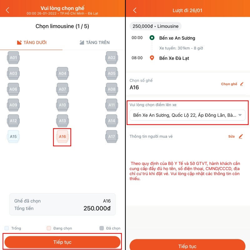 Chọn ghế ngồi và điểm lên xe trên FUTA App
