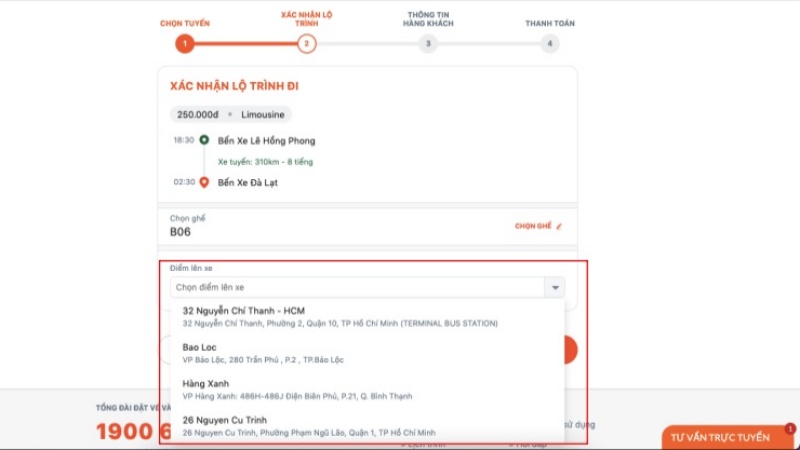 Chọn điểm lên xe trên website futabus.vn