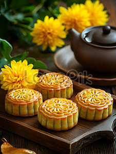 Cận cảnh bánh Trung Thu và tách trà hoa cúc, gợi lên sự truyền thống và thưởng thức trong vườn hoa cúc