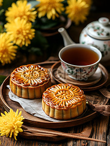 Cận cảnh bánh Trung Thu và tách trà hoa cúc trên bàn gỗ, biểu tượng của sự ấm cúng trong vườn hoa cúc