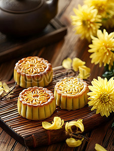 Cận cảnh bánh Trung Thu và tách trà hoa cúc trên đĩa, biểu tượng của sự tinh tế trong vườn hoa cúc