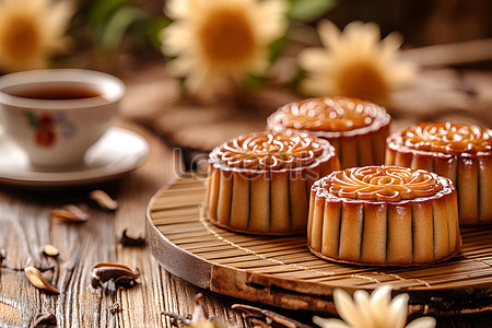 Cận cảnh bánh Trung Thu và trà hoa cúc, thể hiện sự hòa hợp trong ẩm thực và phong cảnh vườn hoa cúc