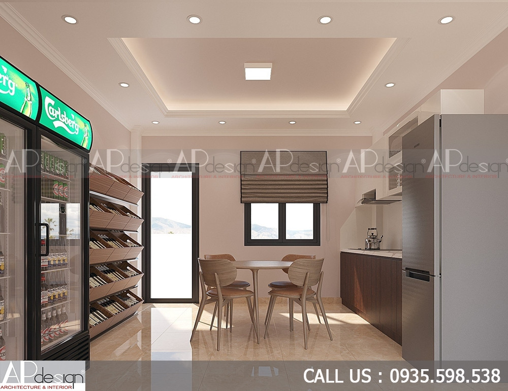 Chi tiết nội thất khu vực bếp và kho khách sạn mini, gọn gàng và chức năng