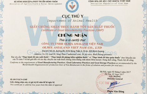 Chứng nhận GMP-WHO được Cục Thú Y cấp cho công ty TNHH Olmix Asialand Việt Nam, minh chứng cho cam kết chất lượng sản phẩm dược thú y
