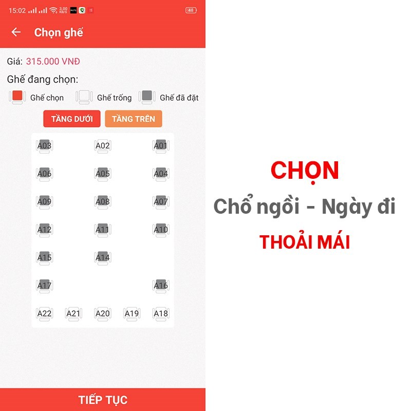 Chọn chỗ ngồi, ngày đi, giờ đi, nơi đón xe PhÆ°Æ¡ng Trang