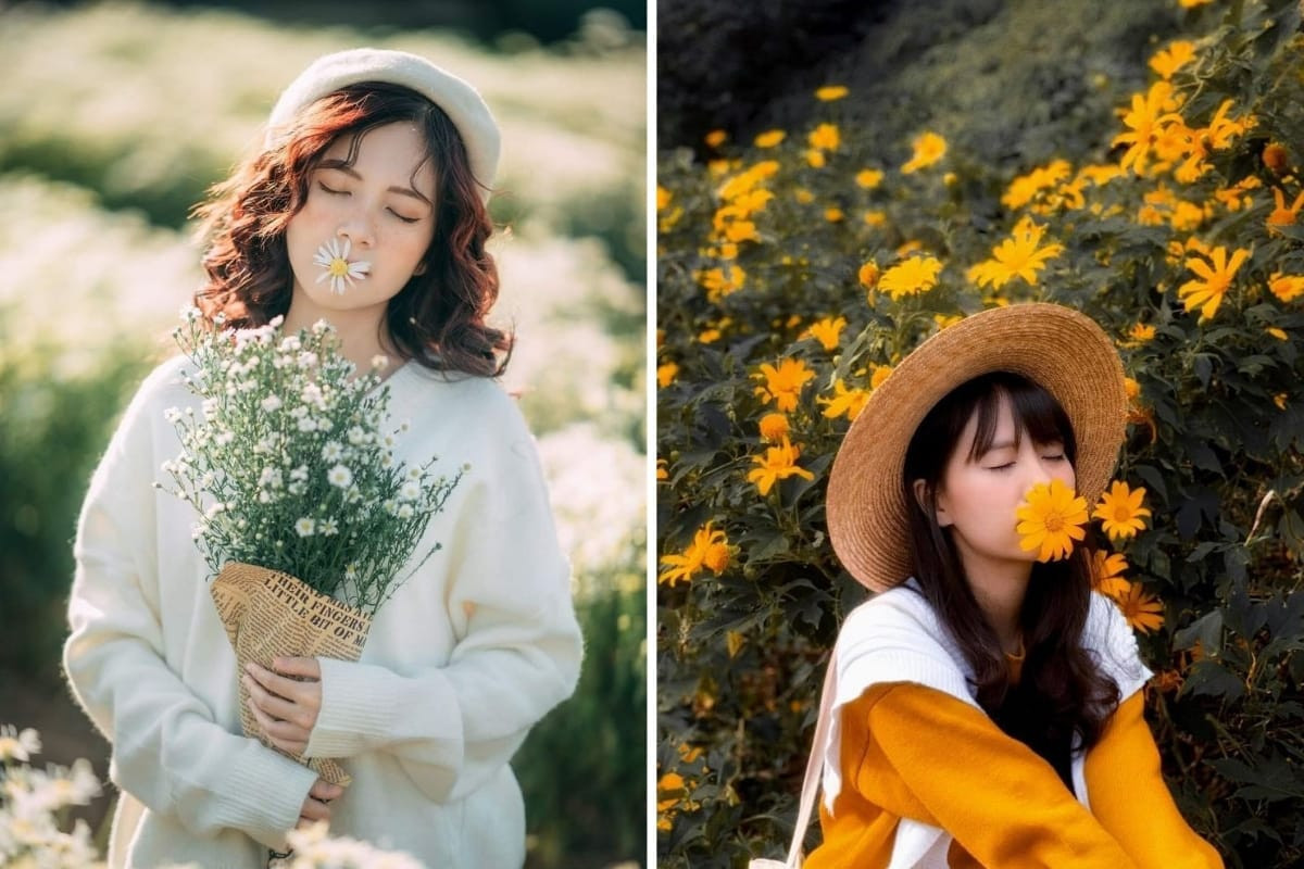 Cô gái tóc vàng ngậm bông hoa nhỏ màu trắng giữa hai môi