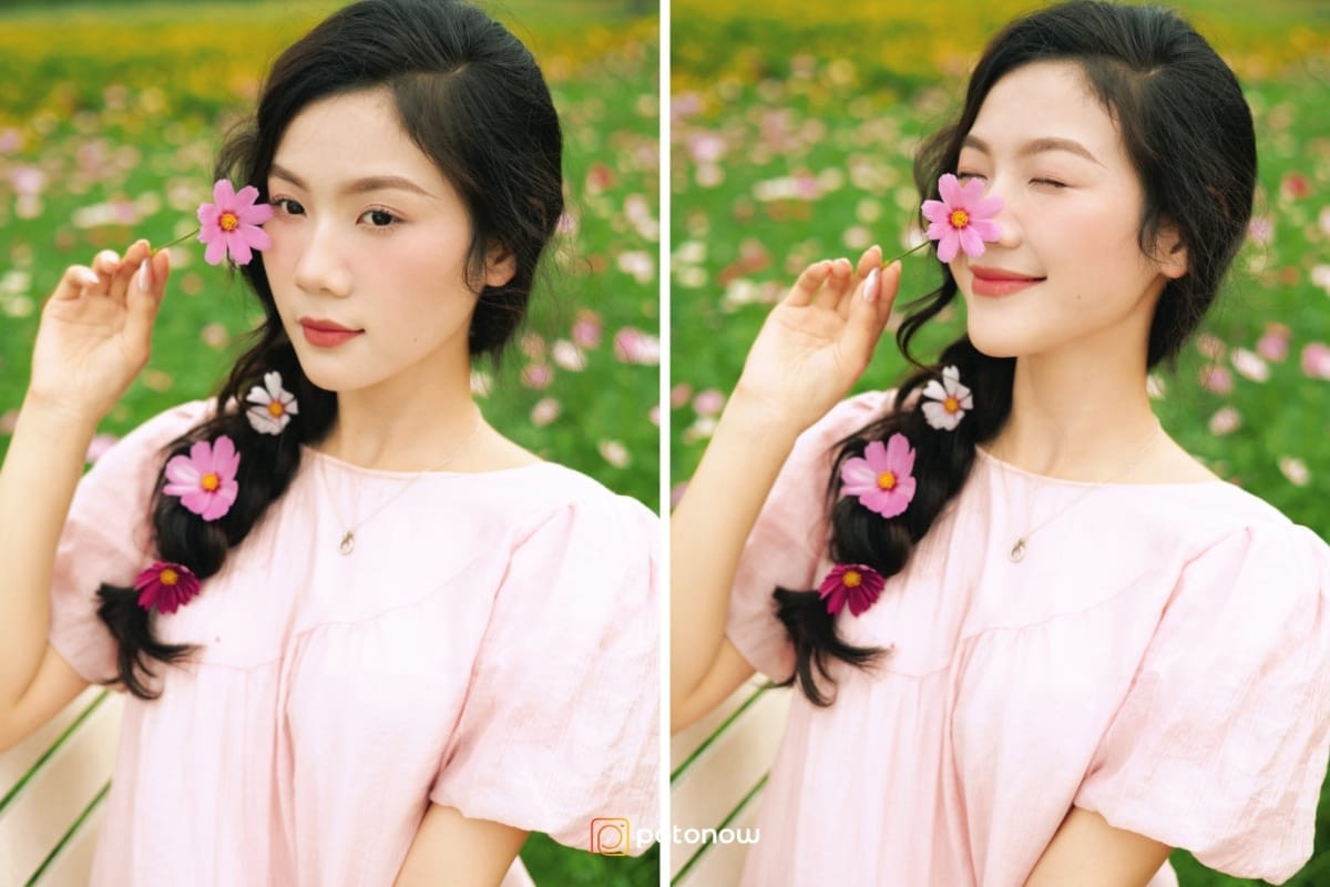 Cô gái tóc xoăn nhẹ cài bông hoa màu cam rực rỡ lên tóc