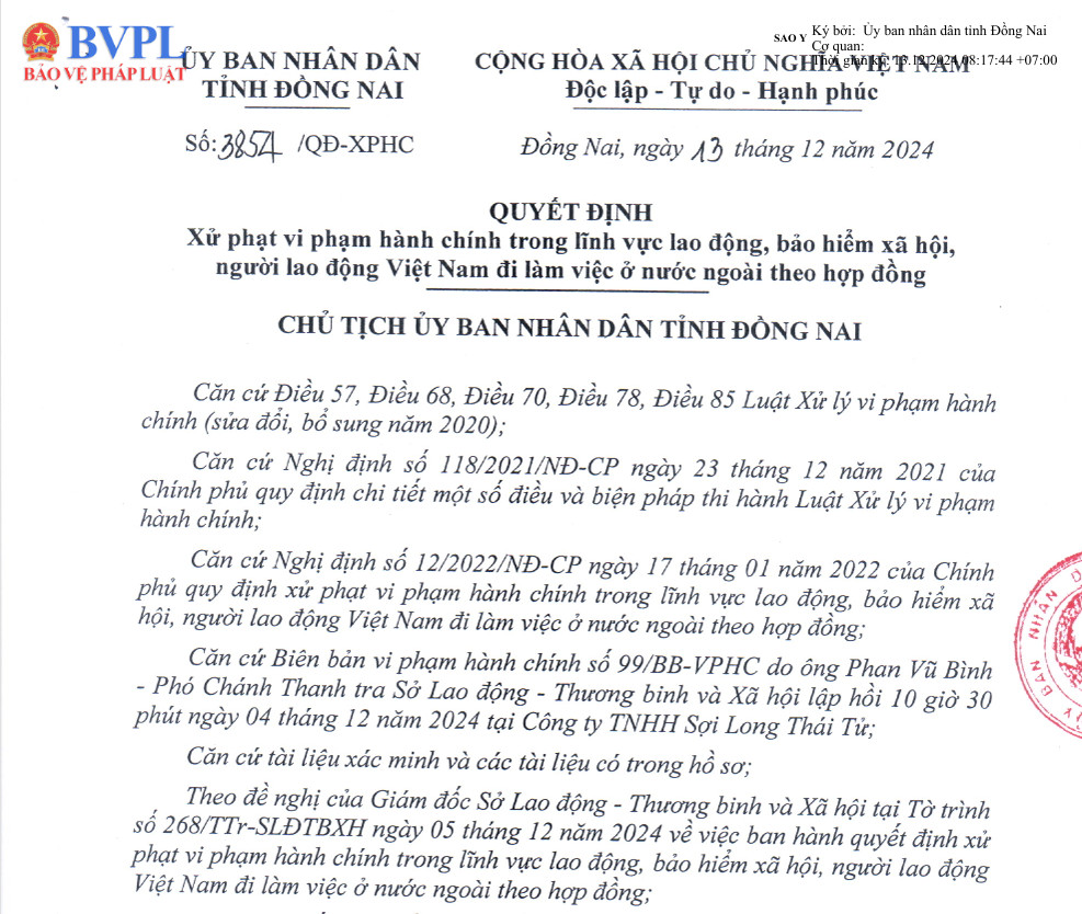 Hình ảnh quyết định xử phạt hành chính của UBND tỉnh Đồng Nai đối với Công ty TNHH Sợi Long Thái Tử, minh chứng cho các vi phạm pháp luật.