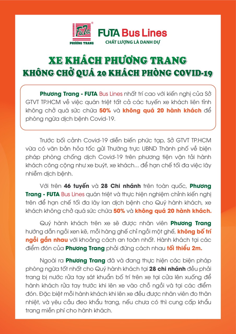 Xe khách Phương Trang không chở quá 20 khách phòng COVID-19.