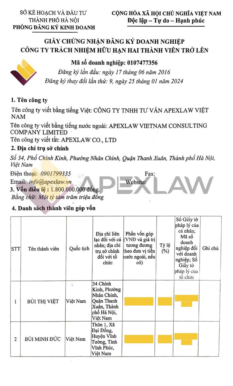Giấy phép đăng ký kinh doanh hợp pháp của Công ty TNHH Tư vấn Apexlaw Việt Nam