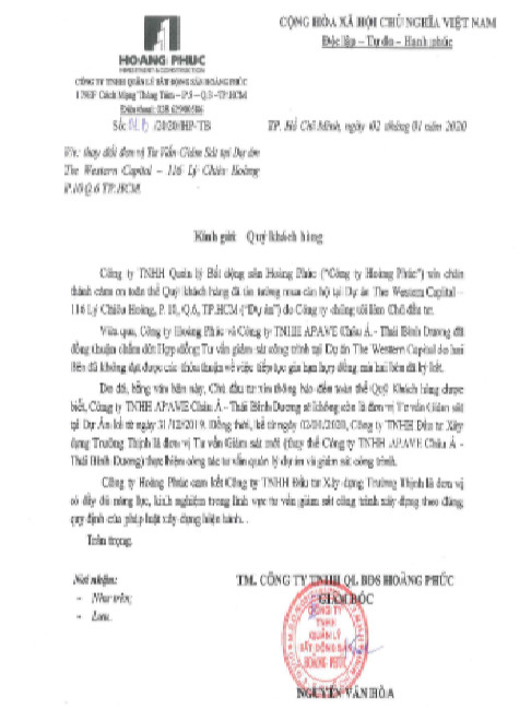 Thông báo thay đổi đơn vị Tư vấn giám sát của Công ty TNHH Quản lý Bất động sản Hoàng Phúc