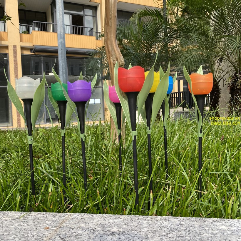 Đèn hoa tulip năng lượng mặt trời màu xanh lá cây và cam tô điểm cho vườn